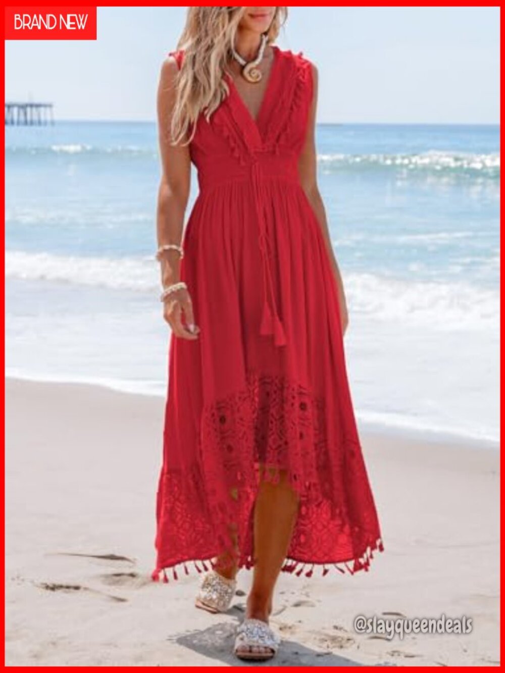 Red V-Neck Lace Hem Maxi Dress - Women - Picture 4 of 4